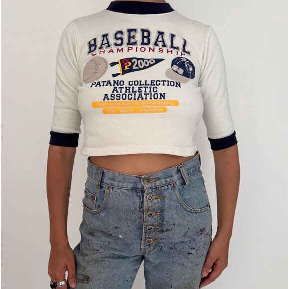 y2K vintage baseball varsity retro graphic boys cotton cropped tee shirt top - Picture 1 of 9